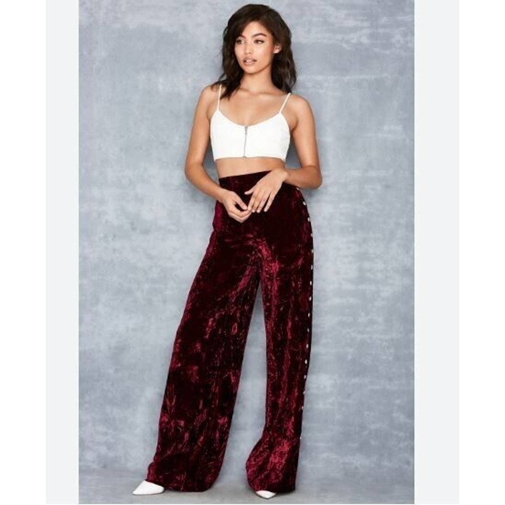 Mistress Rocks VALIANT Plum Crushed Velvet Jogger Pants Sz Small Red Rivet Side